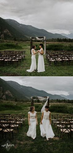 two women in white dresses standing next to each other near an outdoor ceremony set up