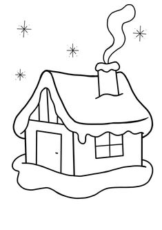 a house with a chimney and snowflakes on the roof is outlined in black and white