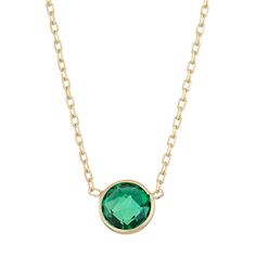 "Adorned with an illuminating lab-created emerald gemstone, this 10k gold circle pendant offers alluring appeal.PENDANT DETAILS Pendant length: .25 in. Chain length: 17 in. Clasp: spring-ring Metal: 10k gold STONE DETAILS Stone type: lab-created emerald Total weight: 7/8 ct. Shape: round Setting: bezel Gemstones may have been treated to enhance their appearance. Special care may be required.  Size: 17"". Color: Green. Gender: female. Age Group: adult." Green May Birthstone Necklace With Round Stone, Green Round Stone Necklace For May Birthstone, Elegant Green Round Birthstone Necklace, Green Birthstone Necklaces, Gold Emerald Necklace With Round Birthstone, Green Gemstone Round Birthstone Necklace, Green Round Gemstone Birthstone Necklace, Elegant Green Round Solitaire Necklace, Green Round Birthstone Necklace In Fine Jewelry Style