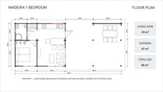 the floor plan for an apartment with two beds and one living room, which is divided by