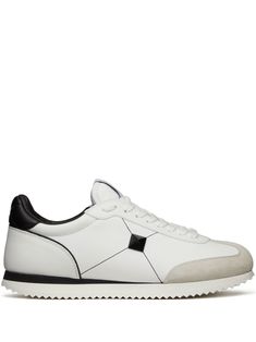 ivory white calf leather contrast stitching logo patch at the tongue diamond-quilted detailing signature Rockstud detailing contrasting heel counter suede panels contrasting toecap front lace-up fastening branded insole flat rubber sole Shoe Concepts, Valentino Garavani Sneakers, Stitching Logo, Valentino Sneakers, Flat Top Sunglasses, Studded Leather, Valentino Studs, Ivory White, Nappa Leather