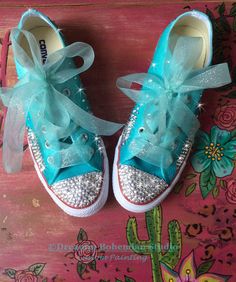 A personal favorite from my Etsy shop https://www.etsy.com/listing/505467422/wedding-converse-shoes-tiffany-ombre Tiffany Blue Wedding Sneakers, Trendy Converse Low, Teal Bling Converse, Custom Converse Shoes, Bride Flats, Bridal Party Shoes, Converse Design, Reception Shoes, Painted Converse