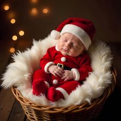 a newborn baby wearing a santa claus outfit in a basket