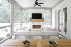 a living room filled with furniture and a flat screen tv mounted on the wall above a fireplace