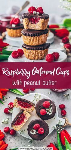 raspberry oatmeal cups with peanut butter and chocolate frosting on top