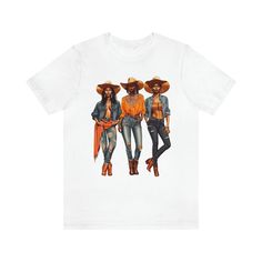 Get your western flair on with this Texas-inspired tee! Designed on an adult unisex top, this shirt boasts a trio of brown skin cowgirls dressed in modern western attire, making it the perfect statement piece for rodeo enthusiasts and fashion-forward individuals alike.Made from 100% cotton, this soft and comfortable top is ideal for everyday wear, whether you're lounging at home or out on the town. Available in a variety of sizes and colors, it features a retail fit with sturdy side seams for ad Spring Graphic Print T-shirt For Rodeo, Casual T-shirt For Western-themed Fall Events, Summer Graphic Print T-shirt For Country Events, Western Style T-shirt For Ranch In Summer, Fitted Graphic Print T-shirt For Rodeo, Western Pre-shrunk Tops For Summer, Western Style Summer T-shirt, Fitted Graphic Print T-shirt For Ranch, Western Style Brown Tops For Ranch