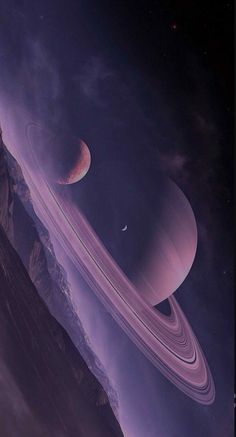 an artist's rendering of saturn and its rings in the night sky with mountains