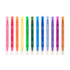 six different colored pens lined up in a row