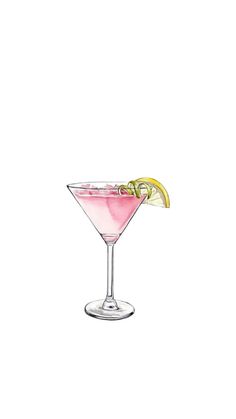 a drawing of a pink cocktail with lemon wedges