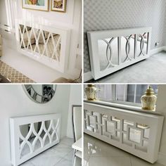 four different pictures of white furniture and mirrors