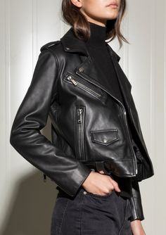 This leather biker jacket will fit like no other - you'll wear it forever. Our leather biker jacket is made with the finest quality lamb leather. Luxury Leather Biker Jacket In Casual Style, Luxury Allsaints Leather Jacket For Fall, Luxury Leather Business Jacket, Luxury Leather Jacket For Business, Allsaints Women's Biker Style Outerwear, Luxury Biker Jacket For Cold Weather, Luxury Biker Jacket For Work, Luxury Rock Style Biker Jacket, Luxury Business Leather Jacket