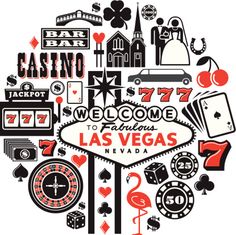 the las vegas sign surrounded by casino symbols and other things that are depicted in this illustration