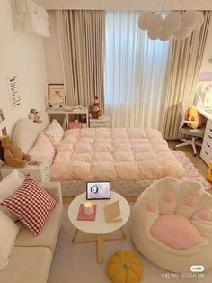 a small child's bedroom is decorated in pastel pinks and white with teddy bears on the bed