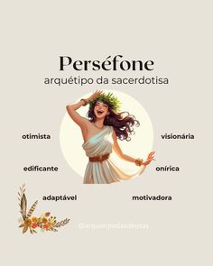 a woman in a dress with flowers on her head and the words persefone written