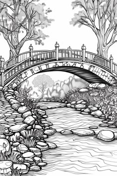 a black and white drawing of a bridge over a river with rocks in the foreground