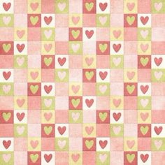 a pink and green checkered background with hearts