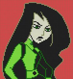 a woman with long black hair and green shirt is depicted in this pixellated image