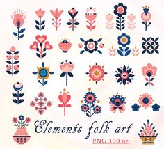 an assortment of flowers and plants with the text elements folk arts png 300 dpi