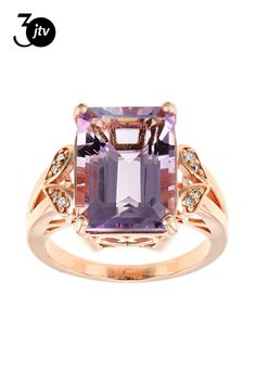 6.04ct emerald cut Lavender Amethyst with .05ctw round white diamond accent, 18k rose gold over sterling silver ring. Measures approximately .68"L X .59"W. Not sizeable. Finished under gallery. Lavender Amethyst, 18k Rose Gold, Emerald Cut, White Diamond, Sterling Silver Ring, Silver Ring, Sterling Silver Rings, Emerald, 18k Gold