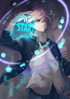 an anime character with blonde hair standing in front of a neon blue circle that says star