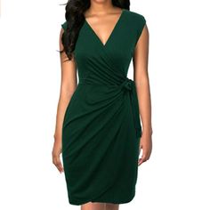 65% Cotton, 35% Polyester Imported Zipper Closure Cotton Blend Fabric, Stretchy Material, Supper Soft, Breathable And Fashionable, Quality Guarantee Deep V-Neck, Cap Sleeve, Draped Waist, Tie Belt( The Belt Is Not Detachable), Tulip Hem, Knee-Length Wrap Dress Hand Wash Or Machine Wash, Not Shrink Or Fade After Wash, Low Temperature For Ironing Just Ask For Available Size: S, M, L, Xl Item No Rr209 Chic Green Fitted V-neck Dress, Fitted Green V-neck Dress For Work, Elegant Green Mini Dress With Surplice Neckline, Knee-length V-neck Dress For Office, Sheath V-neck Dress For Summer Workwear, Green V-neck Mini Dress For Office, Chic Green V-neck Dress, Green Mini Dress With Surplice Neckline, V-neck Bodycon Dress For Work