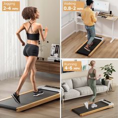 the woman is running on a treadmill and using her computer to do exercises for herself