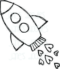 a black and white drawing of a rocket ship with hearts coming out of the bottom