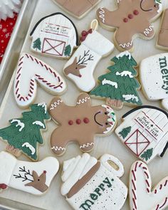 decorated christmas cookies are displayed on a tray