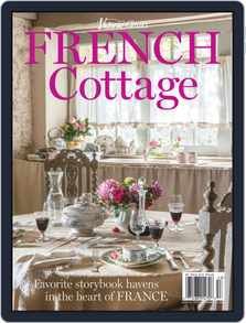 the front cover of french cottage magazine, featuring flowers and dishes on a dining room table