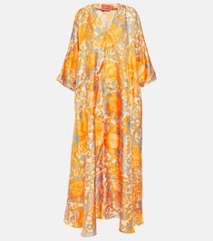 Muumuu floral silk twill kaftan in orange - La Double J | Mytheresa Silk Tunic Top, Designer Beach Wear, Double J, Strapless Swimsuit, Spring Knits, Tunic Pattern, Swimwear Online, Embroidered Tunic, Beachwear For Women