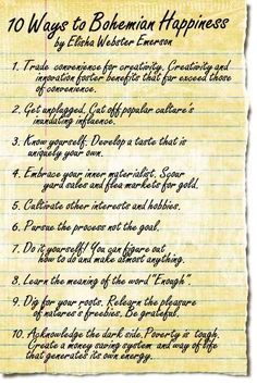 a piece of paper with writing on it and the words 10 ways to bohemian happiness