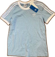 Blue Cotton Tops With Three Stripes, Relaxed Fit Three Stripes Tops For Spring, Relaxed Fit Tops With Three Stripes For Spring, Blue Three Stripes Tops For Summer, Sporty Blue Shirt, Basic Blue Spring Shirt, Blue Shirt, New Woman, Adidas Women