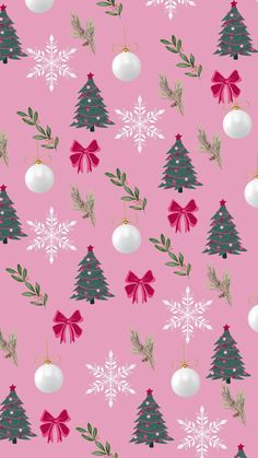 a pink background with christmas trees and ornaments