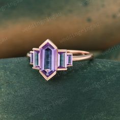 Unique Rose Gold Engagement Ring, Engagement Ring Baguette, Baguette Cut Ring, Bezel Set Engagement Ring, Ring Baguette, Wedding Anniversary Ring, Sparkly Ring, Purple Amethyst Ring, Bezel Set Ring