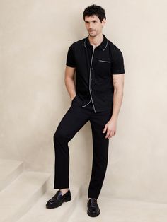 Luxe Touch Tipped Polo | Banana Republic Factory Color Accents, Banana Republic Factory, White Men, Black Dress Pants, Spring 2024, Dressy Casual, Retro Inspired, Dress Pants, All Black