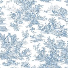 a blue and white toiler wallpaper with people in the woods on it