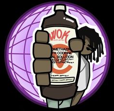 a cartoon character holding up a bottle of wok hair conditioner in front of a globe