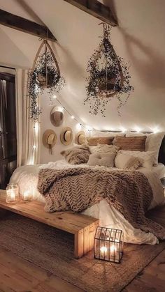 a bed room with a neatly made bed and lots of lights