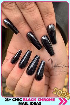 Elegant long black chrome coffin nails with a high-gloss, mirror-like finish. These bold, beautiful nails add depth and dimension, making them perfect for a dramatic statement. Ideal black chrome nails for standout looks. Chrome Coffin Nails, Chrome Coffin, Fall Nail Trends, Elegant Nails