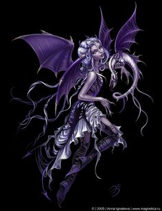 a woman with purple hair and wings is holding a dragon in her hand, on a black background