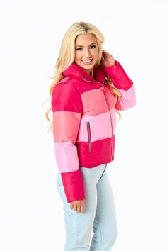 Puffer Jackets don't get more stylish than this! The Addison is the perfect addition to your winter coat collection! She features a zip up and snap closure, a color-block design, and two side pockets! Pair her with leggings, bodysuit, and sneakers for a cute on-the-go look! Product Details: Fit: The Addison Jacket fits true to size. Length: The small measures 23.5" from shoulder to hem. Bust: Accommodating to most bust sizes. Waist: Relaxed fit Fabric: ﻿Fabric does not contain stretch. Material: Pink Long Sleeve Outerwear With Contrast Color, Pink Nylon Winter Outerwear, Winter Nylon Pink Outerwear, Fall Nylon Outerwear With Contrast Color, Pink Long Sleeve Puffer Jacket With Zipper Closure, Trendy Nylon Puffer Jacket With Zipper Closure, Pink Nylon Puffer Jacket For Fall, Pink Winter Puffer Jacket With Zipper, Pink Winter Puffer Jacket With Zipper Closure