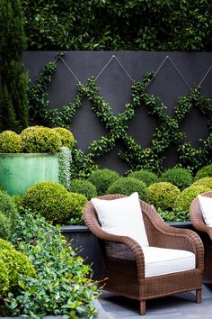 two wicker chairs sitting next to each other in front of green bushes and shrubbery