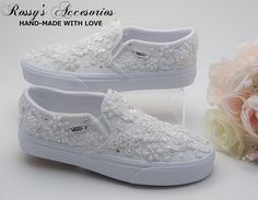 "Beautiful and Romantic wedding sneaker are a perfect accessories for your Special day..These Wedding  Slip On White Authentic Vans  Sneakers , are embellished with White Lace fabric and White applique  . Handmade to order, so please allow me enough time before your wedding date. Orders are processed and shipped within 6-7 WEEKS of payment., large orders may take longer ..Please allow an additional 2-5 days. Domestic Shipping will take 2-5 Business days.    This Item is not available for RUSH OR White Slip-on Wedding Shoes, Spring Wedding Sneakers With Round Toe, Vans Shoes Wedding, Bridal Vans, Vans Wedding, Lace Vans, Sneakers For Bride, Ribbon Shoe Laces, Wedding Vans