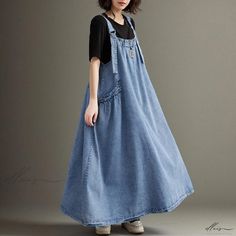 Elluis - Stylish Sleeveless Maxi Denim Overall Dress with Flowing Silhouette and Flared Hem Denim Overall Dress, Bamboo Fiber, Mid Length Skirts, Overall Dress, Types Of Skirts, Types Of Collars, Skirt Length, Pleated Skirt, Denim Skirt