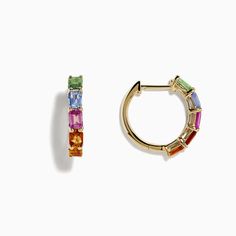 Effy Watercolor 14k Gold Emerald Cut Multi Sapphire Hoop Earrings Multicolor Fine Jewelry Hoop Earrings As Gift, Multicolor Multi-stone Hoop Earrings, Elegant Rainbow Hoop Jewelry, Elegant Rainbow Colored Hoop Jewelry, Yellow Gold Gemstone Huggie Earrings, 14k Gold Gemstone Hoop Earrings, 14k Gold Gemstone Huggie Earrings, Multicolor Gemstone Hoop Earrings In Fine Jewelry Style, Fine Jewelry Multicolor Hoop Earrings