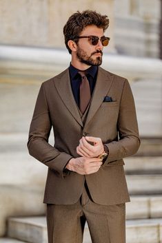 Elevate your formal attire with the Brown Slim-Fit Suit 3-Piece. This suit’s rich brown color and sharp, tailored fit provide the perfect balance of tradition and modernity, ensuring you stand out in any setting.  #brownslimfitsuit #elegantmenswear #classylook #formalfashion #modernfit #tailoredsuit #professionalstyle #sharpdressing #businessattire #menssuit Brown Suit Combinations Mens Fashion, Black And Brown Suit, Brown Suit Outfit, Brown Suit Men, 2 Piece Suit For Men, Brown Suit Wedding, Brown Suits For Men, Urdu Vocabulary, Best Suits For Men