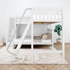 a white bunk bed with a slide on the bottom and stairs leading up to it