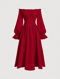 Women's Elegant Solid Color Off-Shoulder Cross-Tie Waist Flared Sleeve Dress For Vacation Red Casual  Long Sleeve Woven Fabric Plain A Line Non-Stretch  Women Clothing, size features are:Bust: ,Length: ,Sleeve Length: Clothing Tips, Flare Sleeve Dress, Red A, Flounce Sleeve, Women Long Dresses, Dress Red, Flared Sleeves, Dress P, Cosplay Costumes