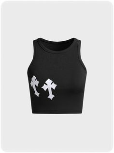 Street White Cross embroidery Basic Top Tank Top & Cami | kollyy Y2k Crop Top Vest, Y2k Fitted Camisole Vest, Y2k Fitted Vest Crop Top, Fitted Y2k Vest Crop Top, Fitted Y2k Crop Top Vest, Y2k Tank Top Vest, Fitted Sleeveless Top For Streetwear, Y2k Style Stretch Vest Top, Y2k Stretch Vest Top