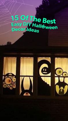 the window is decorated with halloween decorations and words that read, 15 off the best easy diy halloween decor ideas